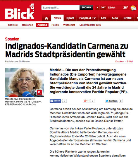 Uno de los portales noticieros más leídos de Suiza dice que los 'indignados' eligieron a Carmena