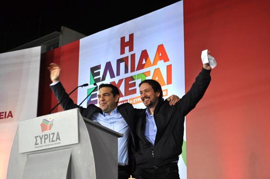 Pablo Iglesias y Alexis Tsipras en un acto de Syriza