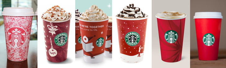 Diferentes vasos rojos de Starbucks