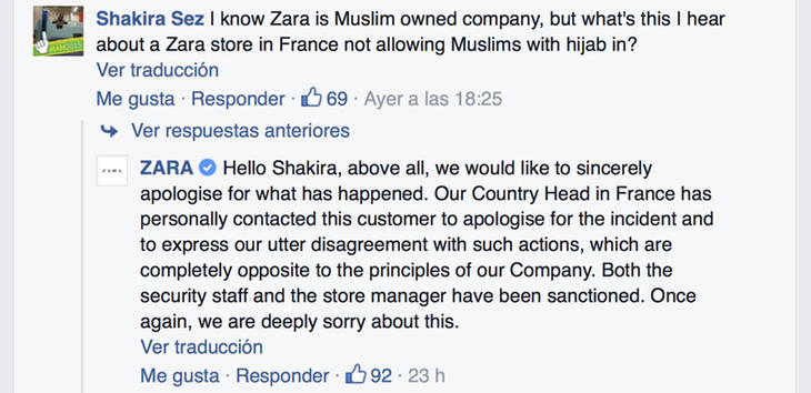 Mensaje de disculpa de Zara en su Facebook