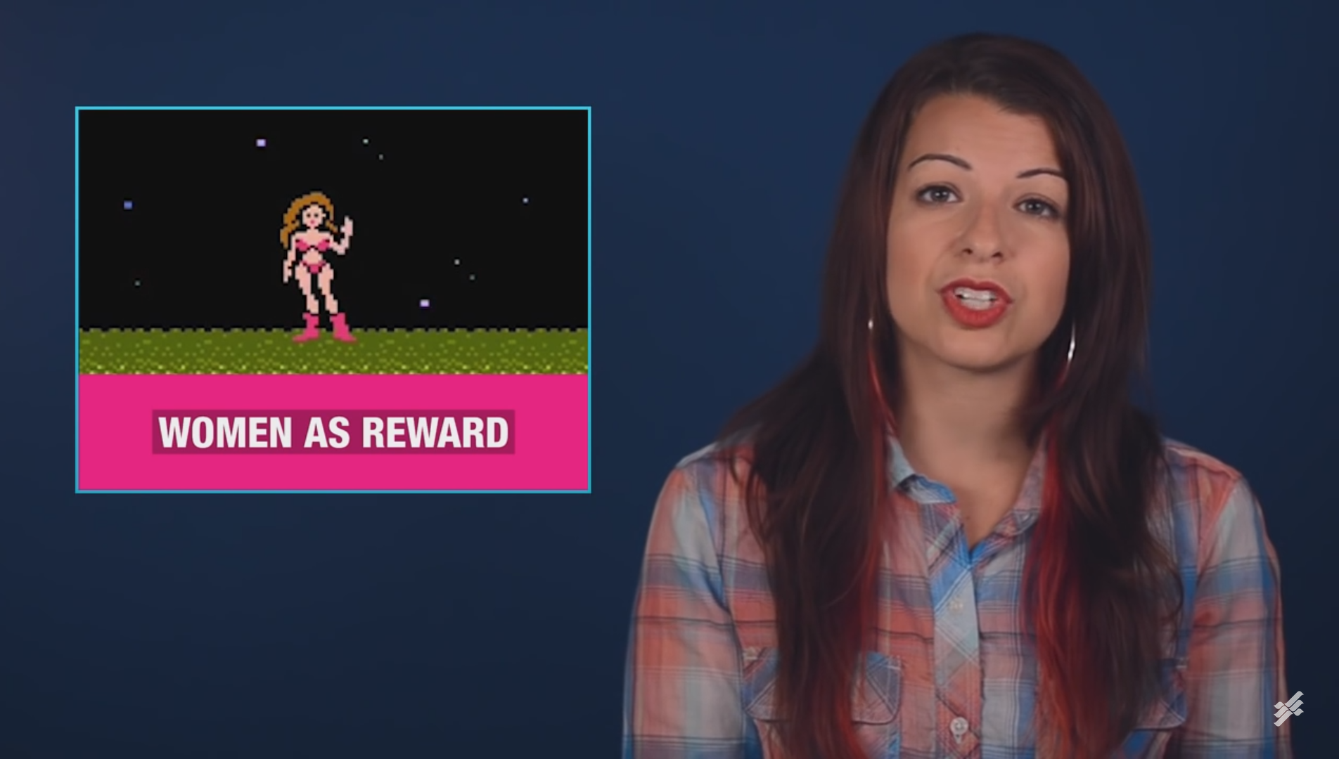 Anita Sarkeesian en uno de sus videos sobre clichés en videojuegos