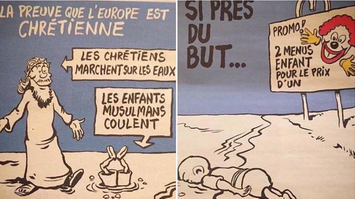 Portadas de Charlie Hebdo riéndose de refugiados y pateras