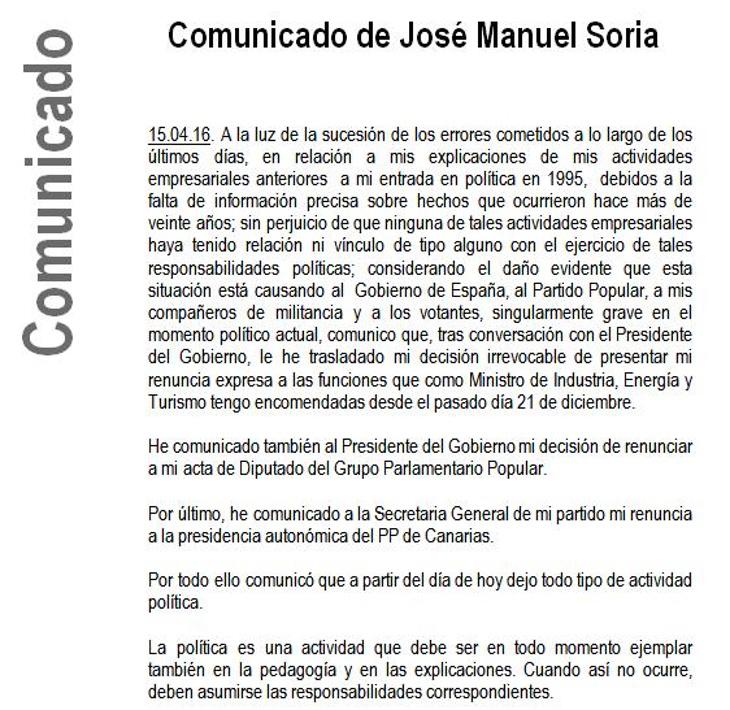 Comunicado de José Manuel Soria