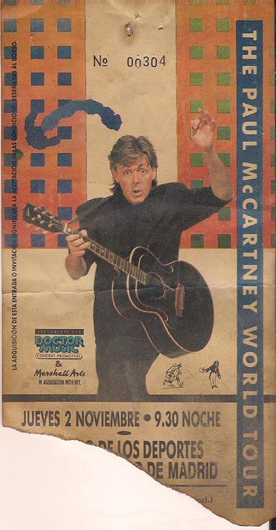 La entrada del concierto de Paul McCartney en 1989