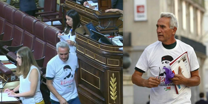 Cañamero vota con su camiseta de apoyo a Andrés Bódalo, el concejal de Podemos condenado a cumplir tres años y medio de cárcel por agredir a un ...