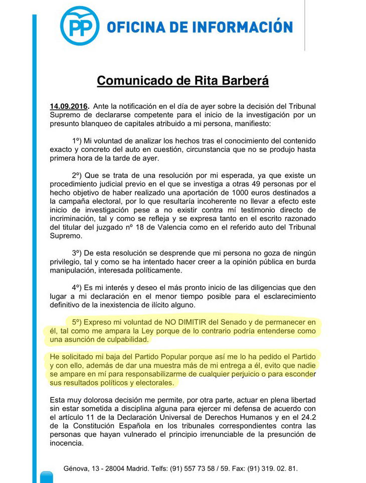 Comunicado de Rita Barberá sobre su dimisión