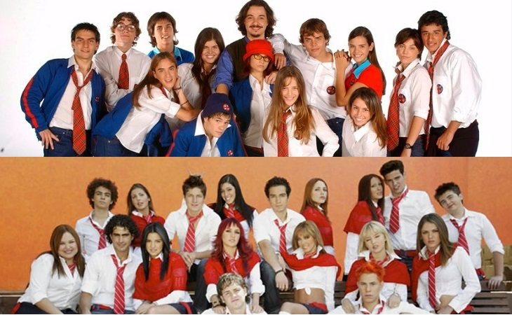 Elenco de 'Rebelde Way' (arriba) y elenco de 'Rebelde' (abajo)