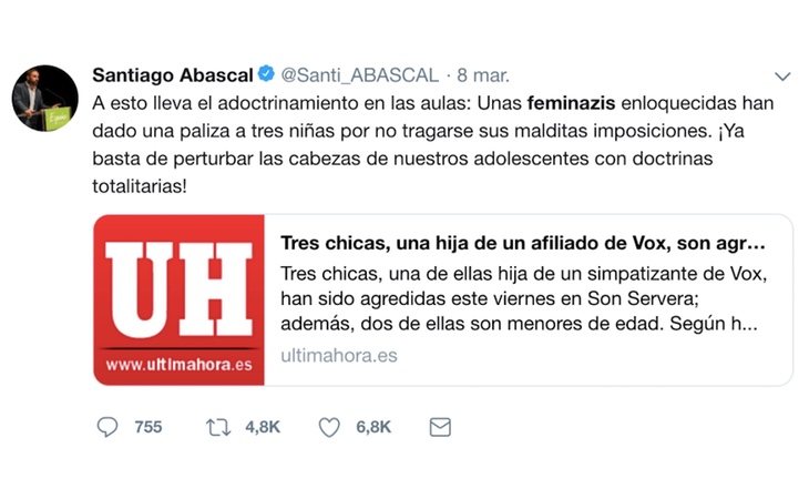 Uno de los tuits publicados por Santiago Abascal