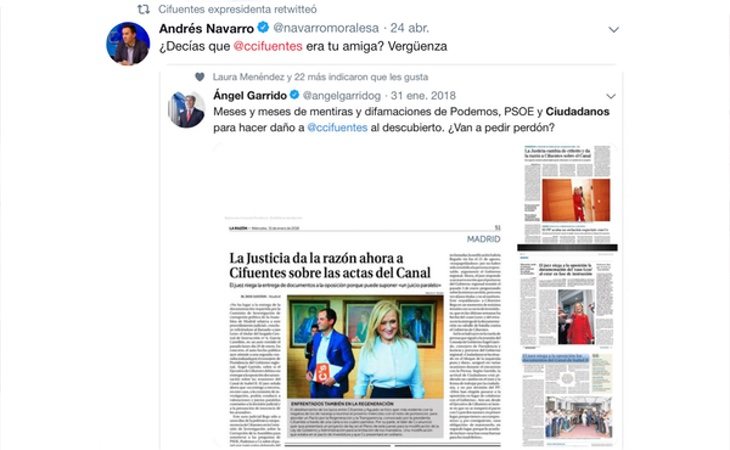 Captura del mensaje que ha retuiteado Cristina Cifuentes