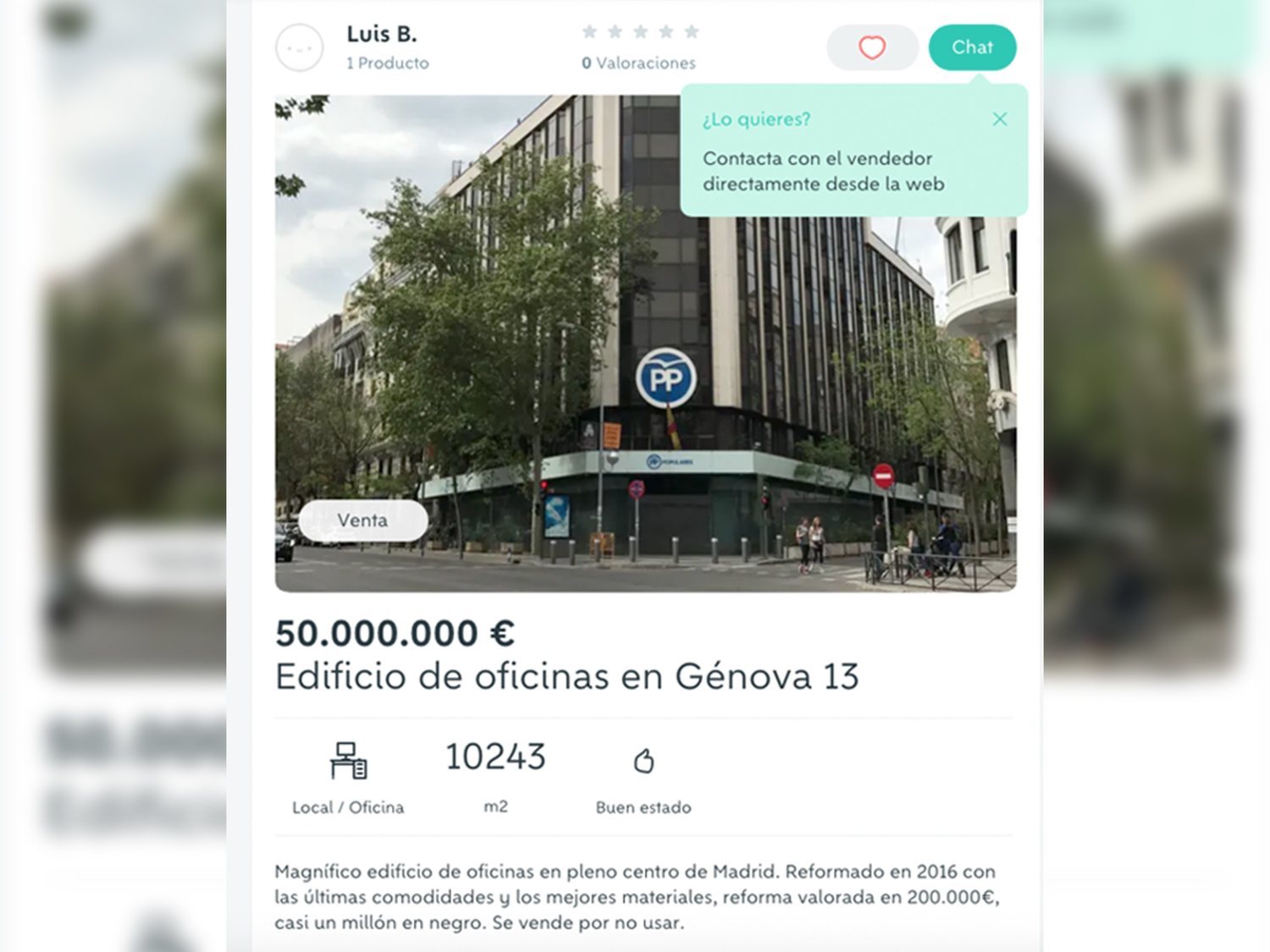 Se vende la sede del PP en Wallapop "por no usar"