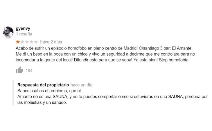 La reacción homófoba del dueño del local | Fuente: El Español