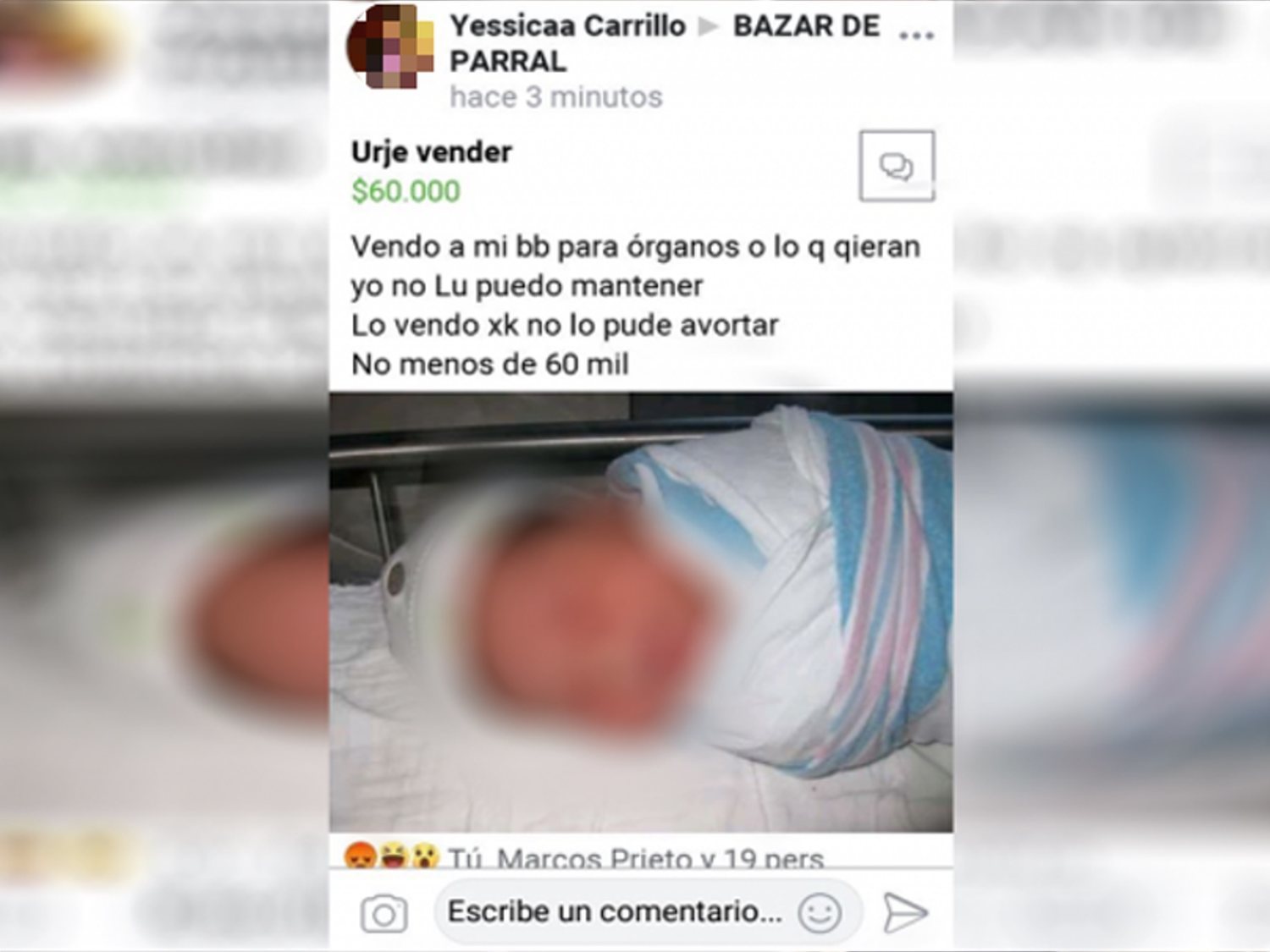 Denuncian a una madre por intentar vender los órganos de su bebé recién nacido en Facebook