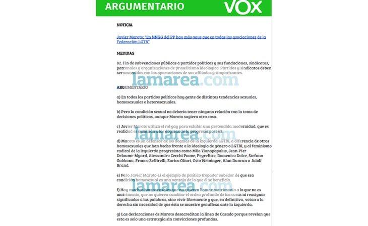 La Marea ha tenido acceso al homófobo argumentario que VOX ha mandado  a Javier Maroto