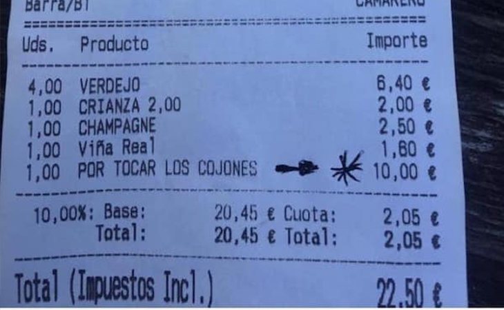 El ticket del bar con la multa por 'tocar los cojones'