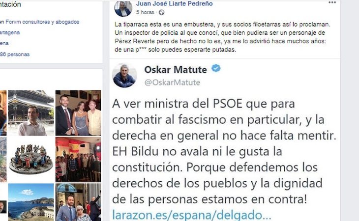 Juan José Liarte publicó los insultos a Dolores Delgado en su perfil de Facebook