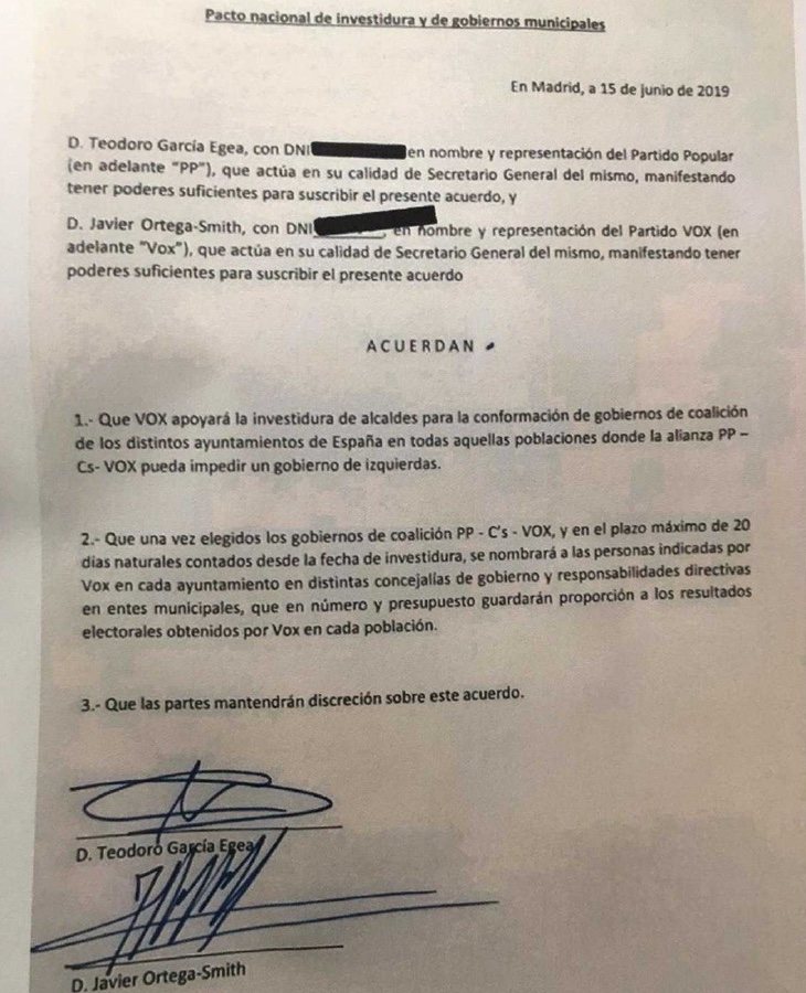 El mencionado documento, en el cual aparece C's, está firmado por Javier Ortega Smith (VOX) y Teodoro García Egea (PP) 