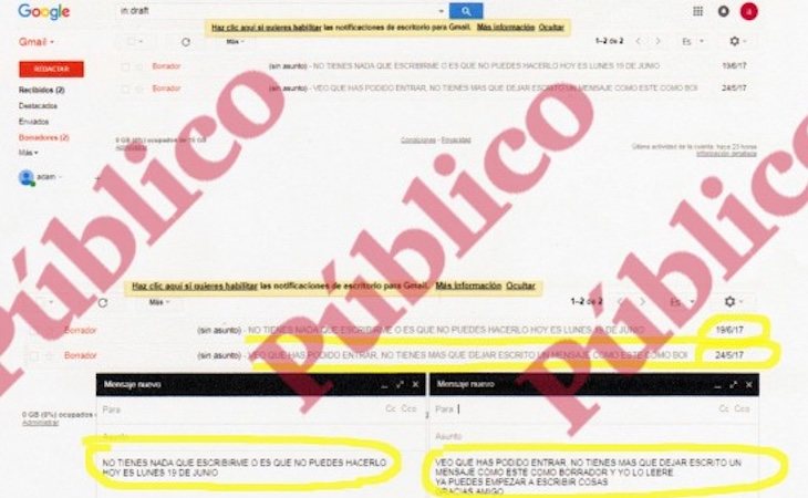 Captura de pantalla de los dos borradores en los que el controlador del CNI le pide que escriba mensajes por ese método imposible de interceptar - Público