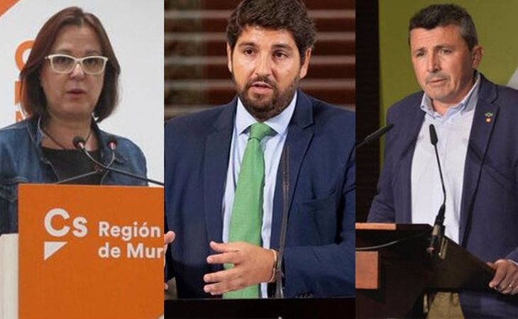 Isabel Franco (Cs), Fernando López Miras (PP), Pascual Salvador (VOX)