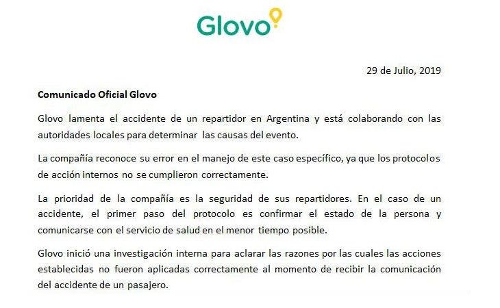 El comunicado en el que Glovo asume la mala gestión del incidente