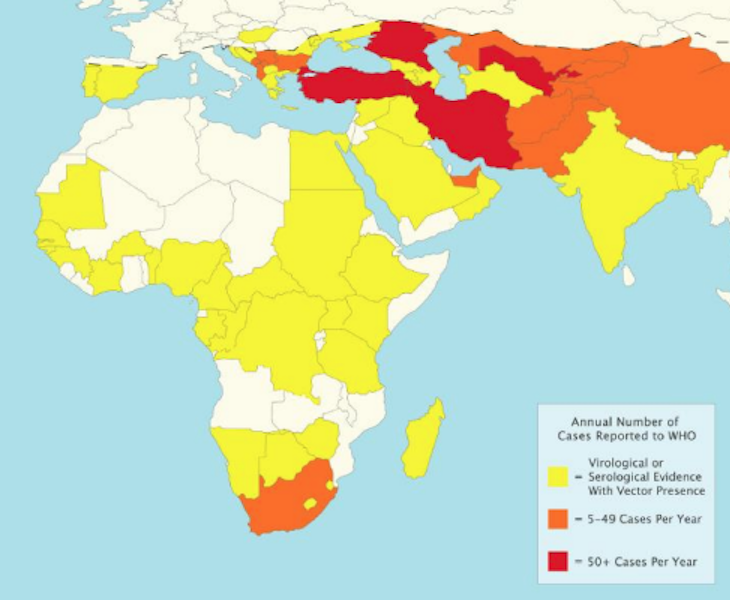 Distribución de la fiebre Crimea-Congo. Fuente: Ministerio de Sanidad