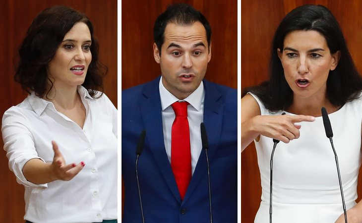 Isabel Díaz Ayuso (PP), Ignacio Aguado (Ciudadanos) y Rocío Monasterio (VOX)