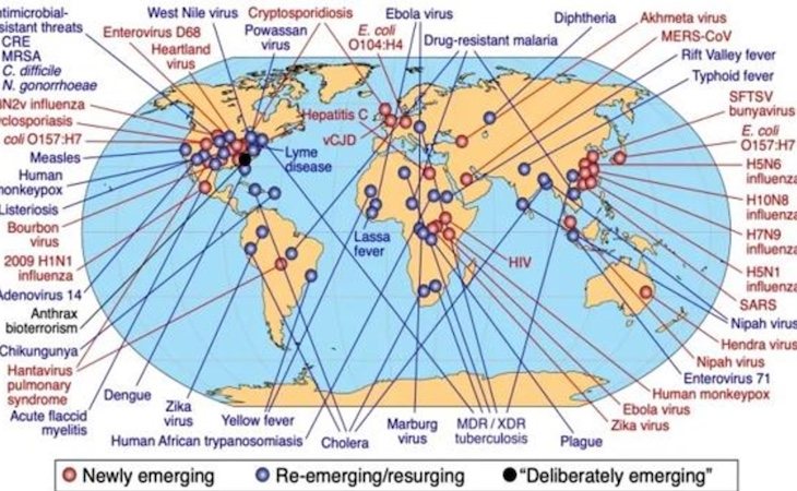 Mapa de las enfermedades emergente sy reemergentes en el mundo según la OMS