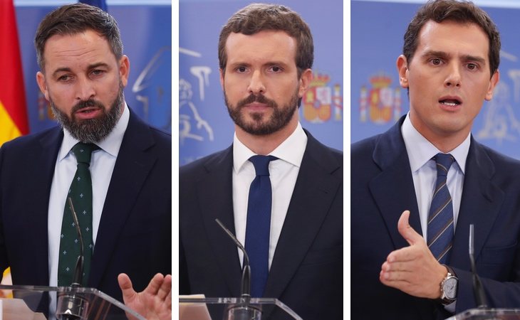 En la derecha, Santiago Abascal (VOX), Pablo Casado (PP) y Albert Rivera (Ciudadanos)