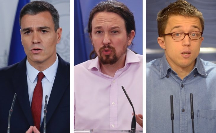 En la izquierda, Pedro Sánchez (PSOE), Pablo Iglesis (Unidas Podemos) e íñigo Errejón (Más País)