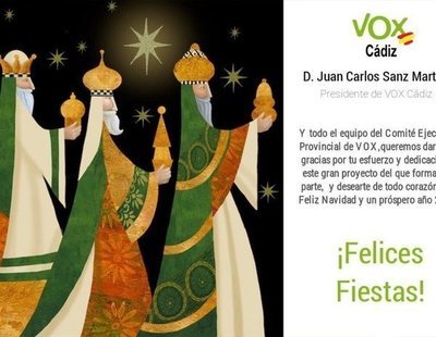 VOX envía una postal navideña a sus afiliados con tres reyes magos blancos