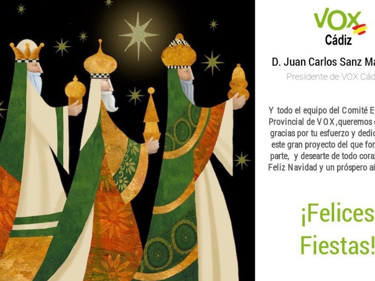 VOX envía una postal navideña a sus afiliados con tres reyes magos blancos