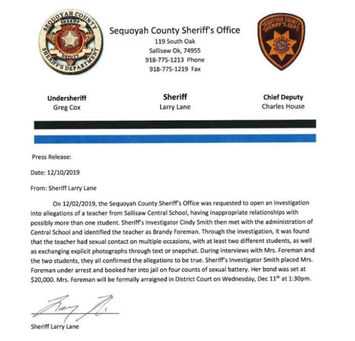 Informe oficial de la Oficina del Sheriff del Condado de Sequoyah (Oklahoma, Estados Unidos)