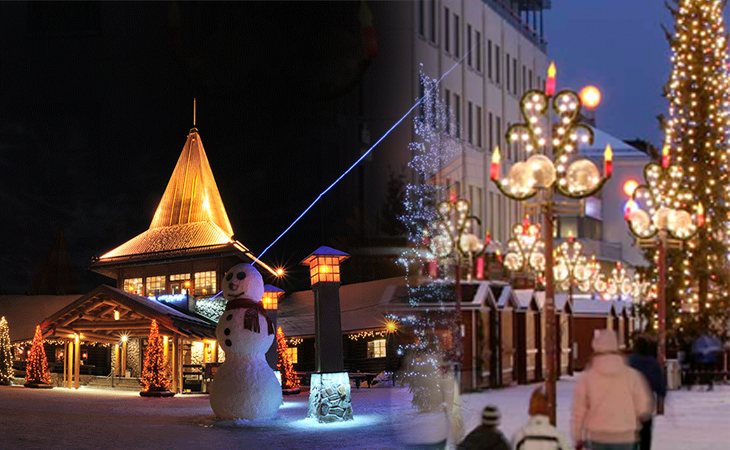 Laponia es uno de los destinos favoritos de los turistas para vivir la Navidad, en la foto, el Santa Claus Village (izquierda) y Rovaniemi (derecha)