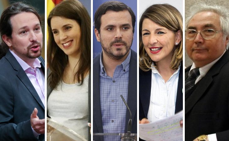 Pablo Iglesias, Irene Montero, Alberto Garzón, Yolanda Díaz y Manuel Castells