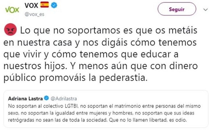 Tweet por el que han suspendido la cuenta de VOX 