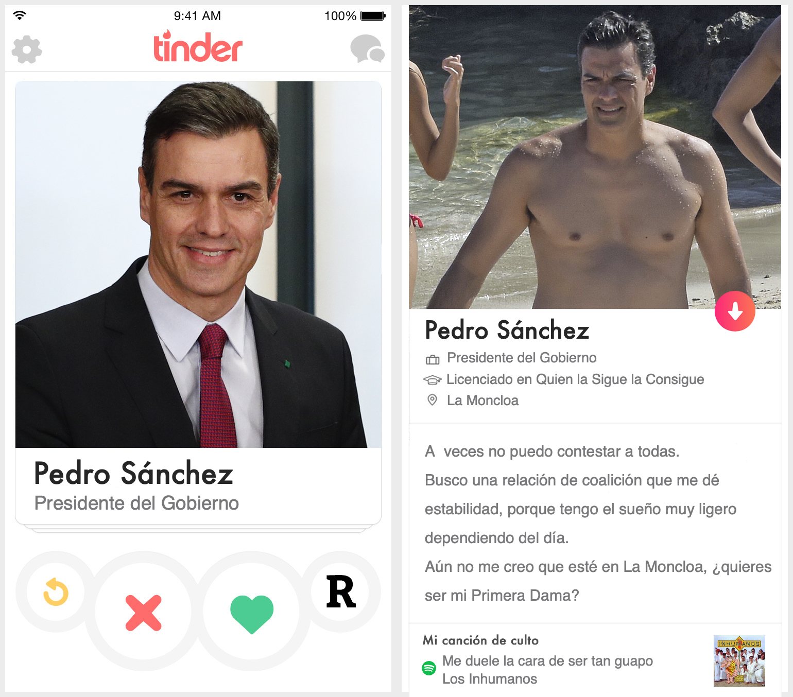 Perfil de Tinder de Pedro Sánchez