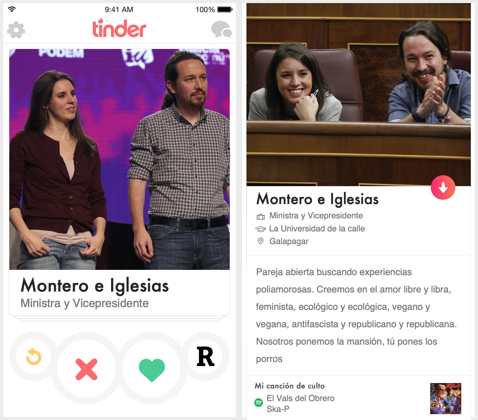 Perfil de Tinder de Pablo Iglesias e Irene Montero