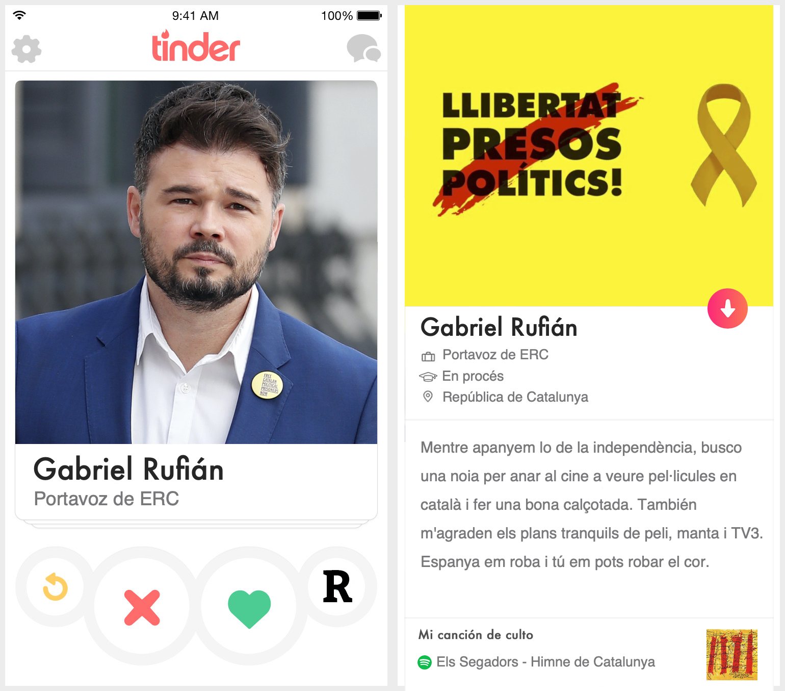 Perfil de Tinder de Gabriel Rufián