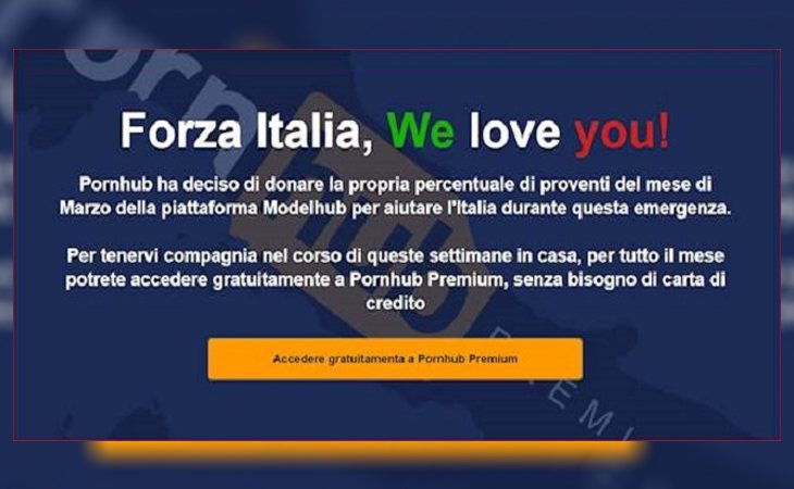 Cualquier persona que acceda a PornHub con una IP italiana recibirá este mensaje y podrá consumir todo su contenido de forma gratuita