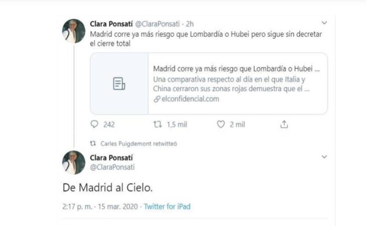 Horas más tarde de publicar el tweet, Clara Ponsatí borró el mensaje