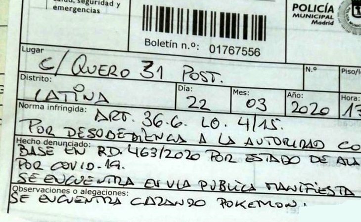 Multa por jugar en la calle al 'Pokémon GO' en plena cuarentena