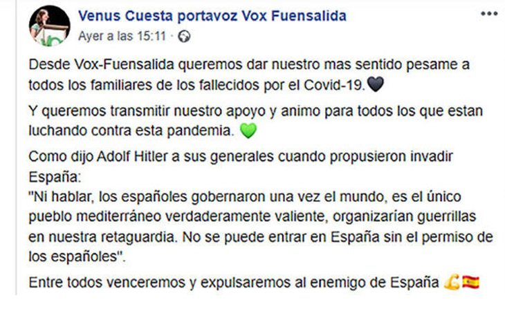 Mensaje de la concejala de VOX citando a Adolf Hitler