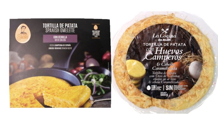 La mejor tortilla envasada del supermercado es de La Cocina de Senén (izq) y en cuanto a relación calidad-precio, la que vende Aldi (dcha)