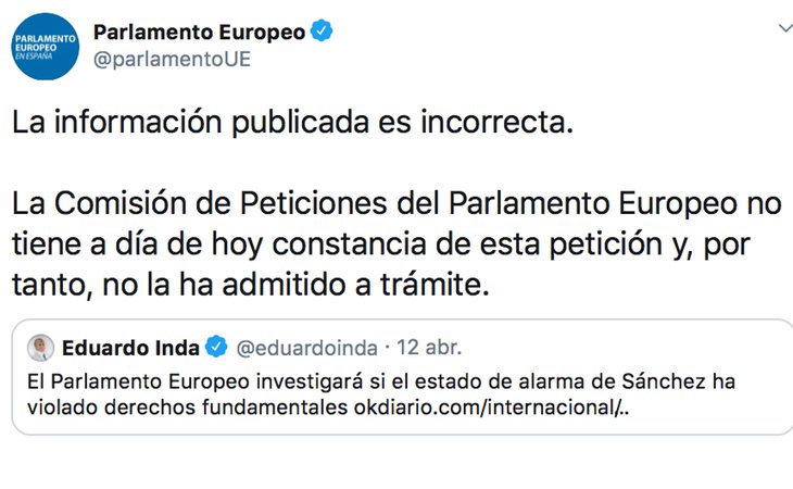 El Parlamento Europeo desmiente a Eduardo Inda