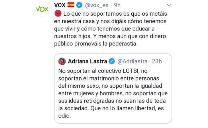 Tuit de VOX acusando al PSOE de promover la pederastia