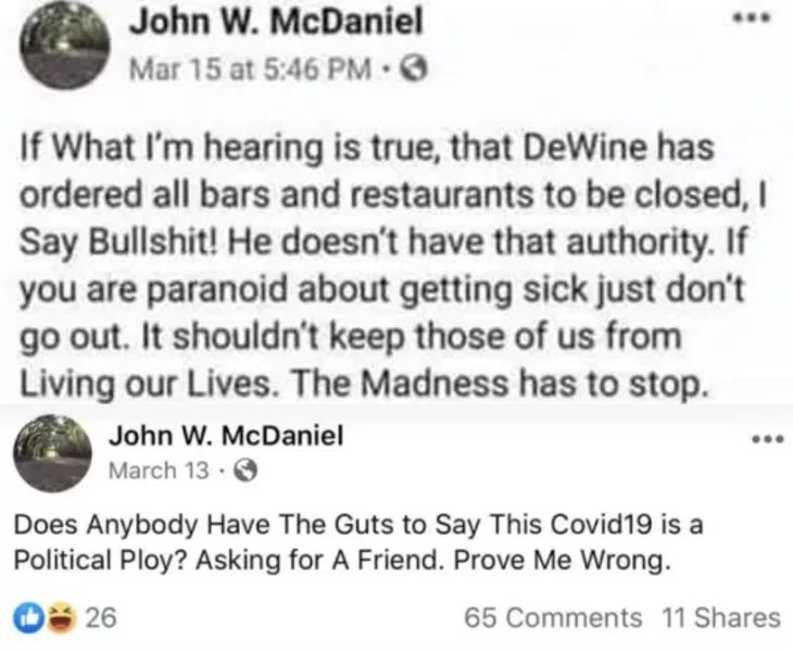 Varios de los mensajes difundidos por John W. McDaniel en su perfil de Facebook