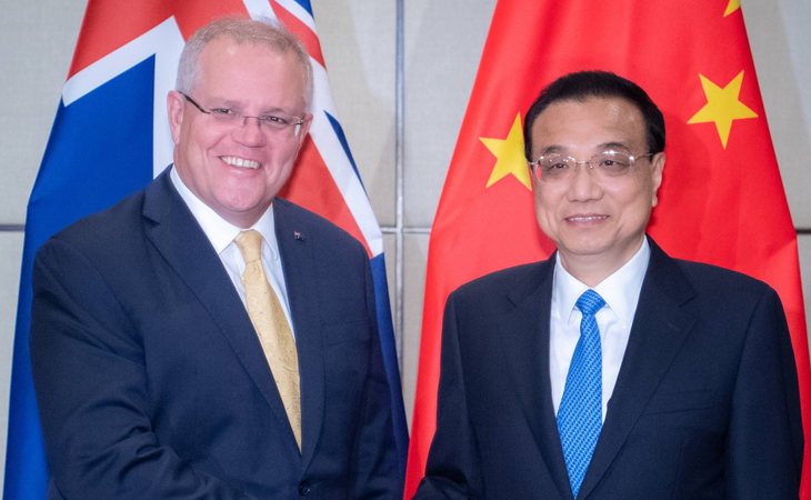 Scott Morrison, primer ministro australiano, y Li Keqiang, primer ministro de China