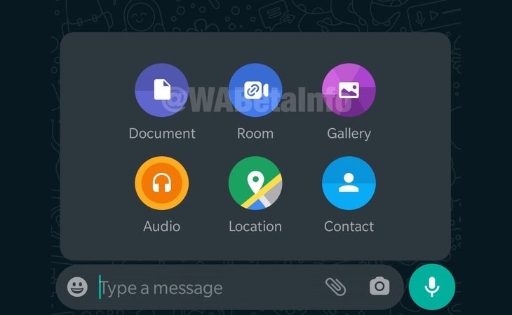 El icono situado en la mitad de la parte superior, 'Room', será añadido para las conversaciones con hasta 50 usuarios | WaBetaInfo