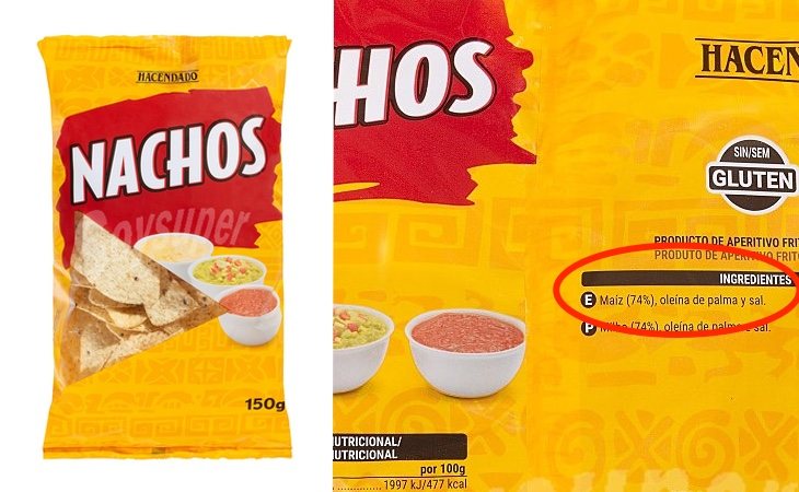 La firma reconoce en su propio envoltorio que los nachos de la marca Hacendado están elaborados con aceite de palma