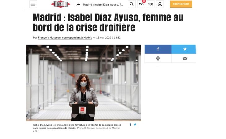 La presidenta de la Comunidad de Madrid, Isabel Díaz Ayuso, en Libération