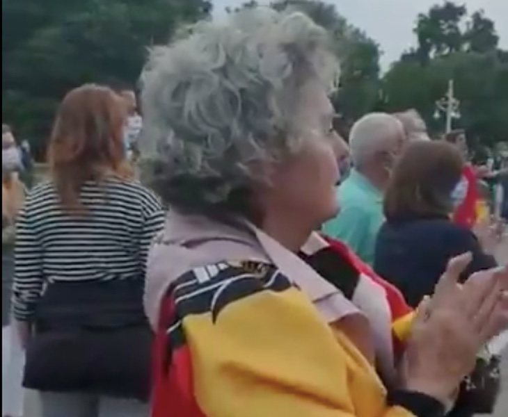 Una manifestante, situada en la concentración de Valencia con la bandera preconstitucional